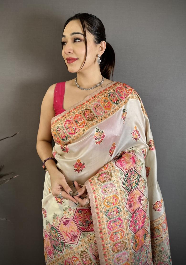 Off White Tassels Silk Saree Set - Indya