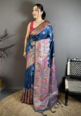 Teal Tassels Silk Saree Set