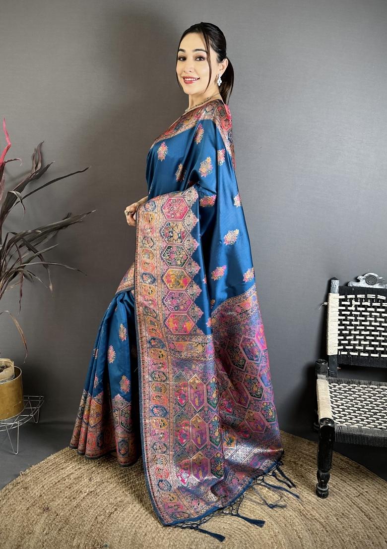 Teal Tassels Silk Saree Set - Indya