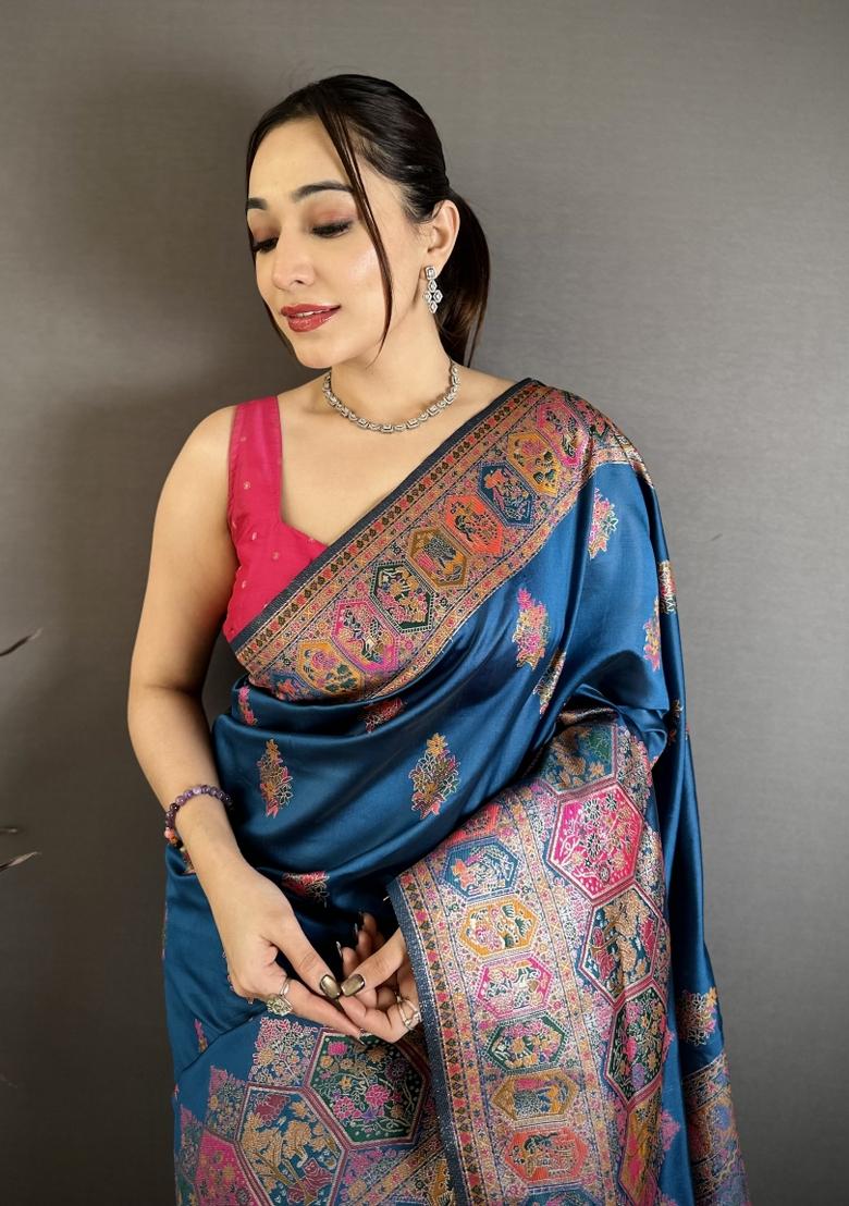 Teal Tassels Silk Saree Set - Indya