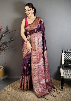 Wine Tassels Silk Saree Set