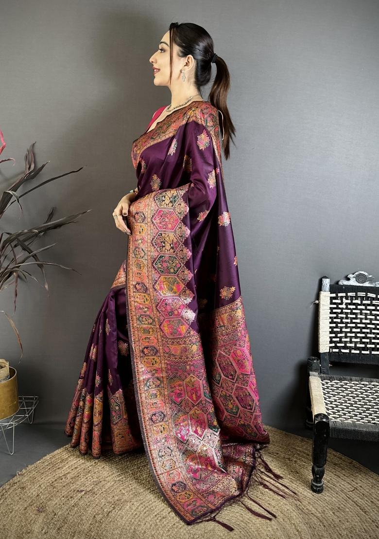 Wine Tassels Silk Saree Set - Indya
