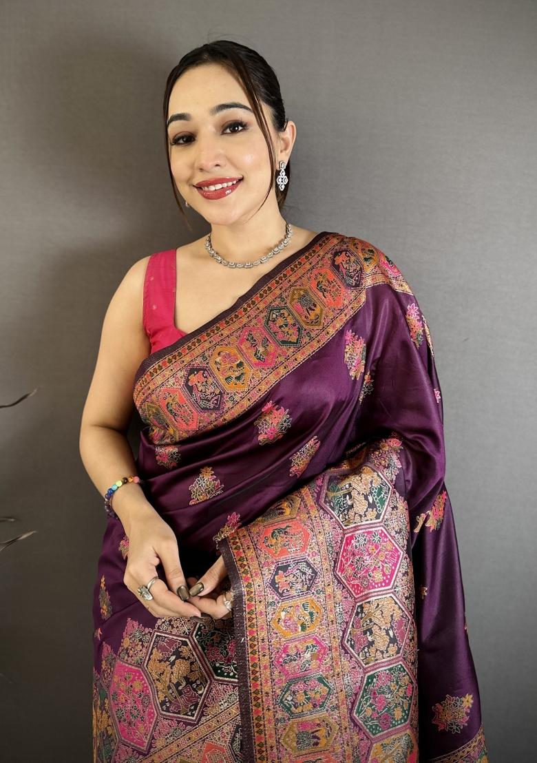 Wine Tassels Silk Saree Set - Indya