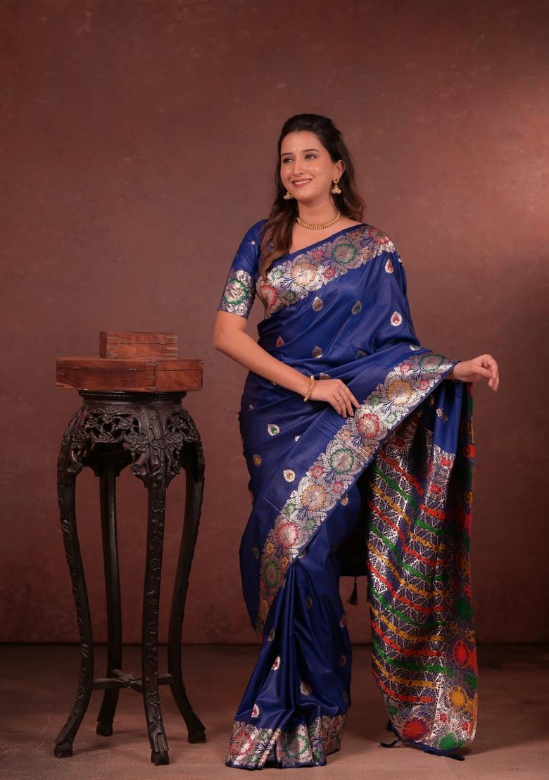 Blue Jacquard Silk Saree Set - Indya