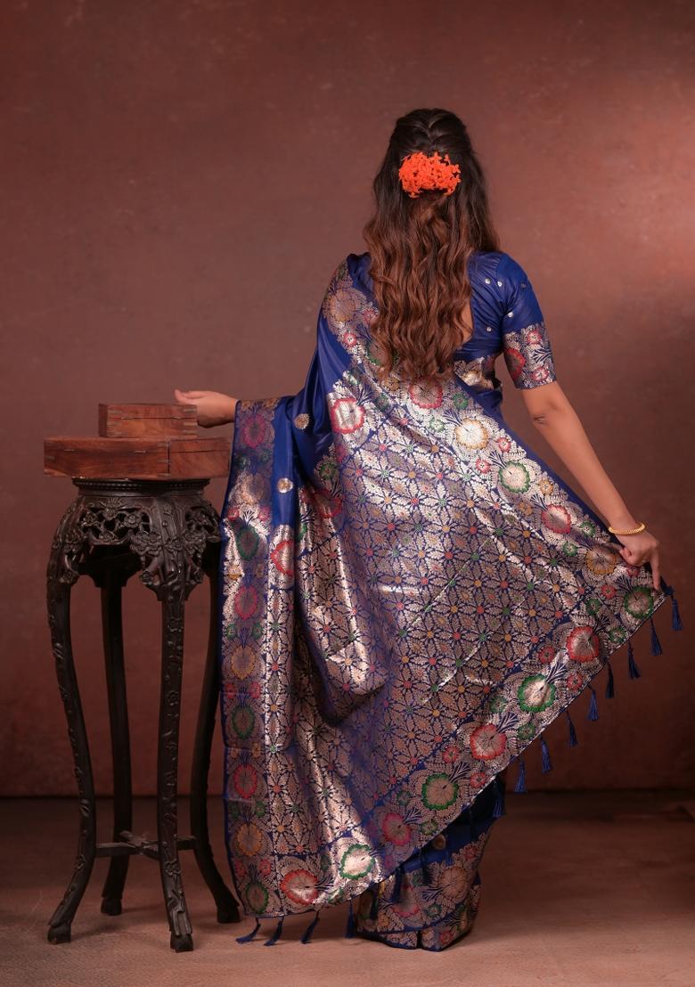 Blue Jacquard Silk Saree Set - Indya