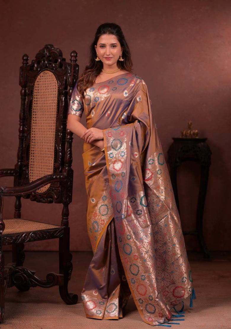 Brown Jacquard Silk Saree Set - Indya