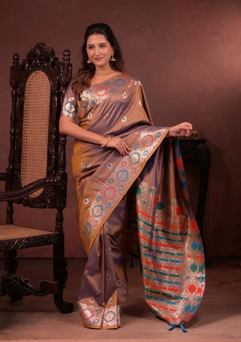 Brown Jacquard Silk Saree Set - Indya
