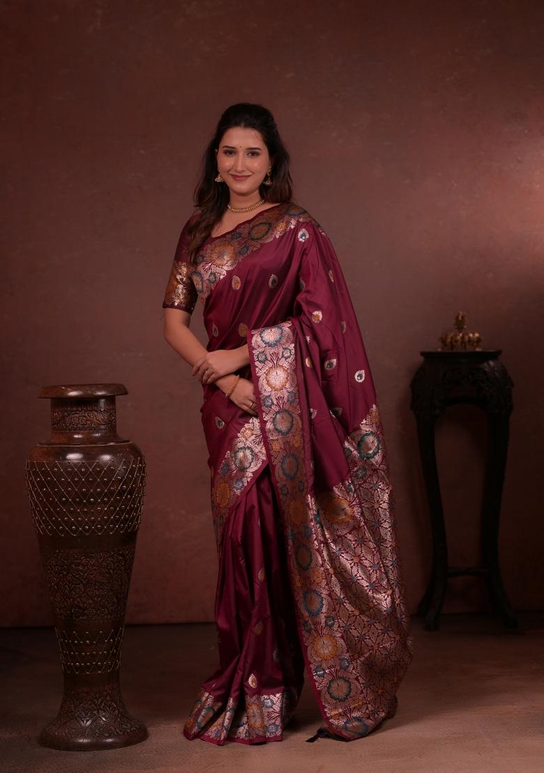 Maroon Jacquard Silk Saree Set - Indya