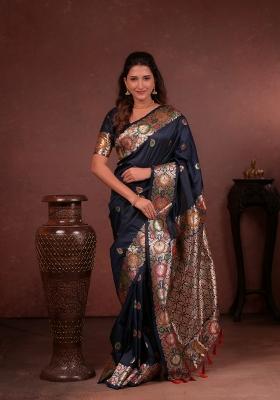 Nevy Blue Jacquard Silk Saree Set