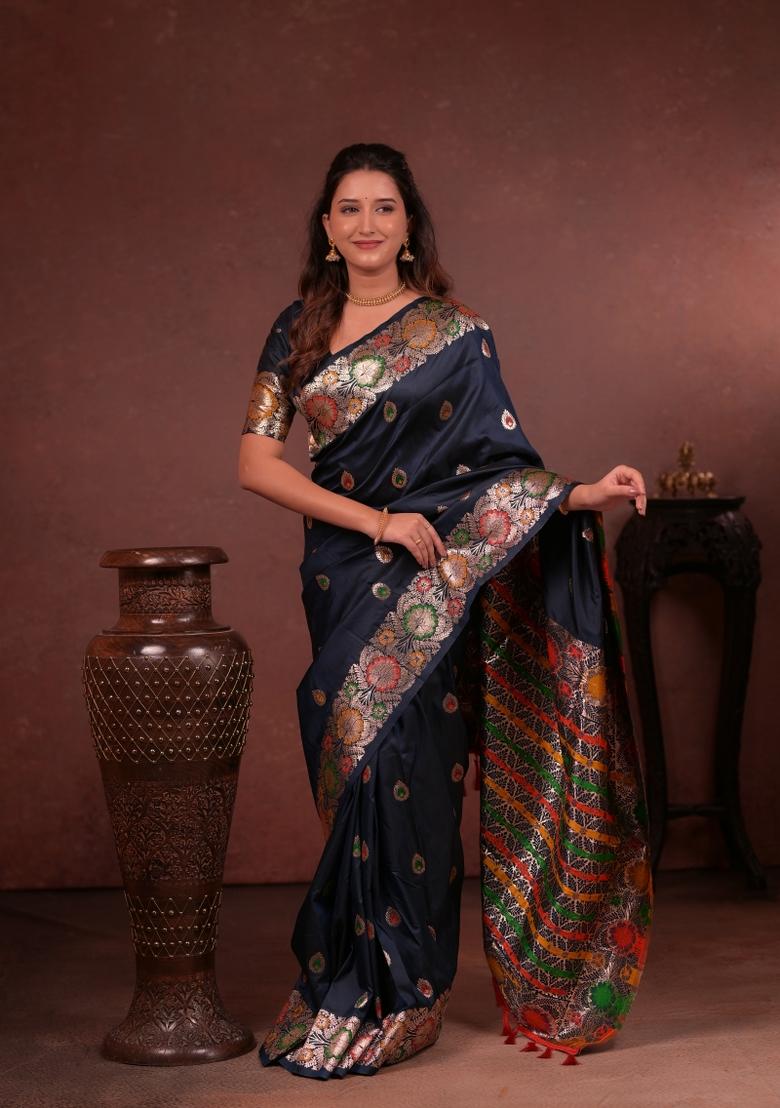 Nevy Blue Jacquard Silk Saree Set - Indya