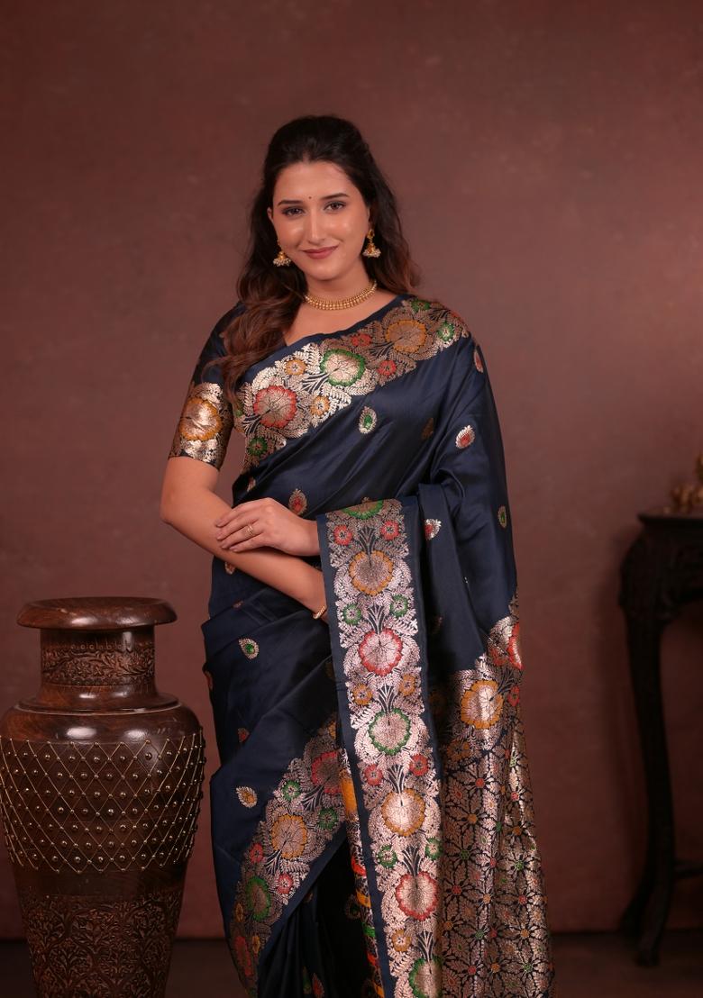 Nevy Blue Jacquard Silk Saree Set - Indya