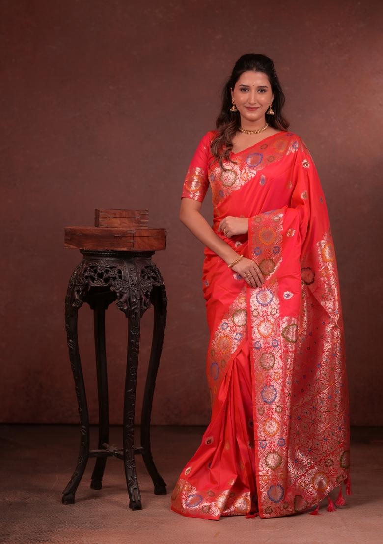 Pink Jacquard Silk Saree Set - Indya
