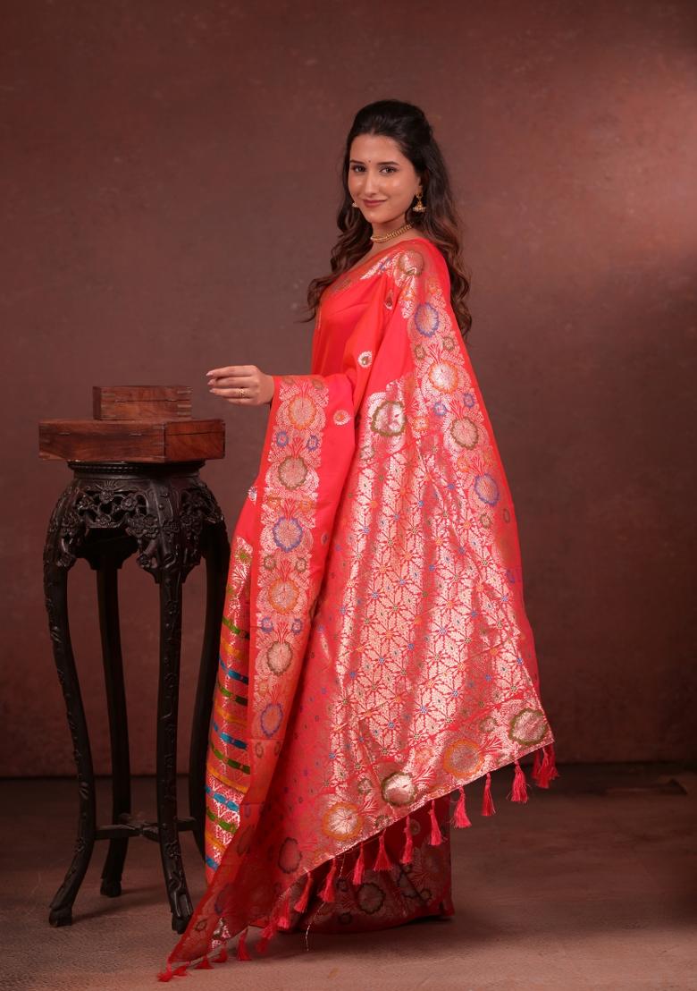 Pink Jacquard Silk Saree Set - Indya