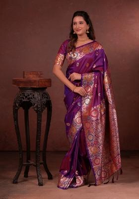 Purple Jacquard Silk Saree Set