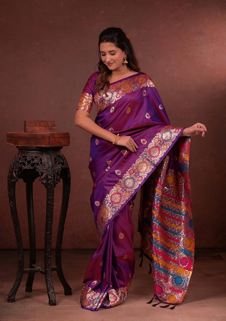 Purple Jacquard Silk Saree Set - Indya