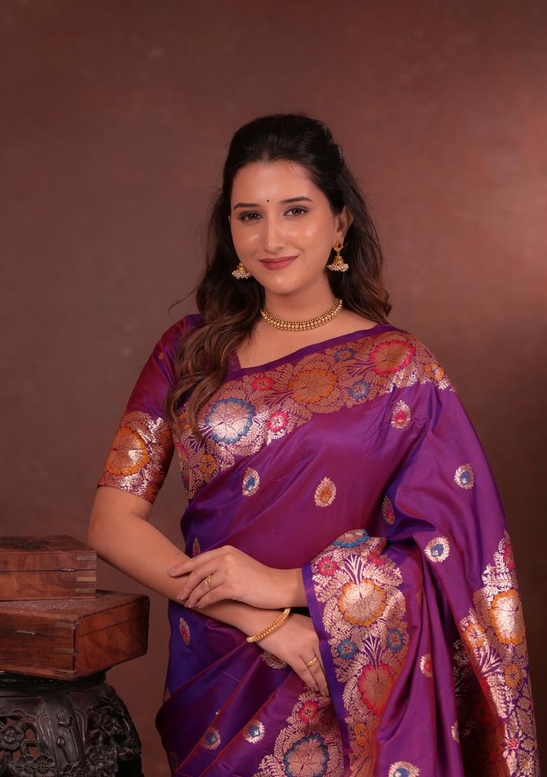 Purple Jacquard Silk Saree Set - Indya
