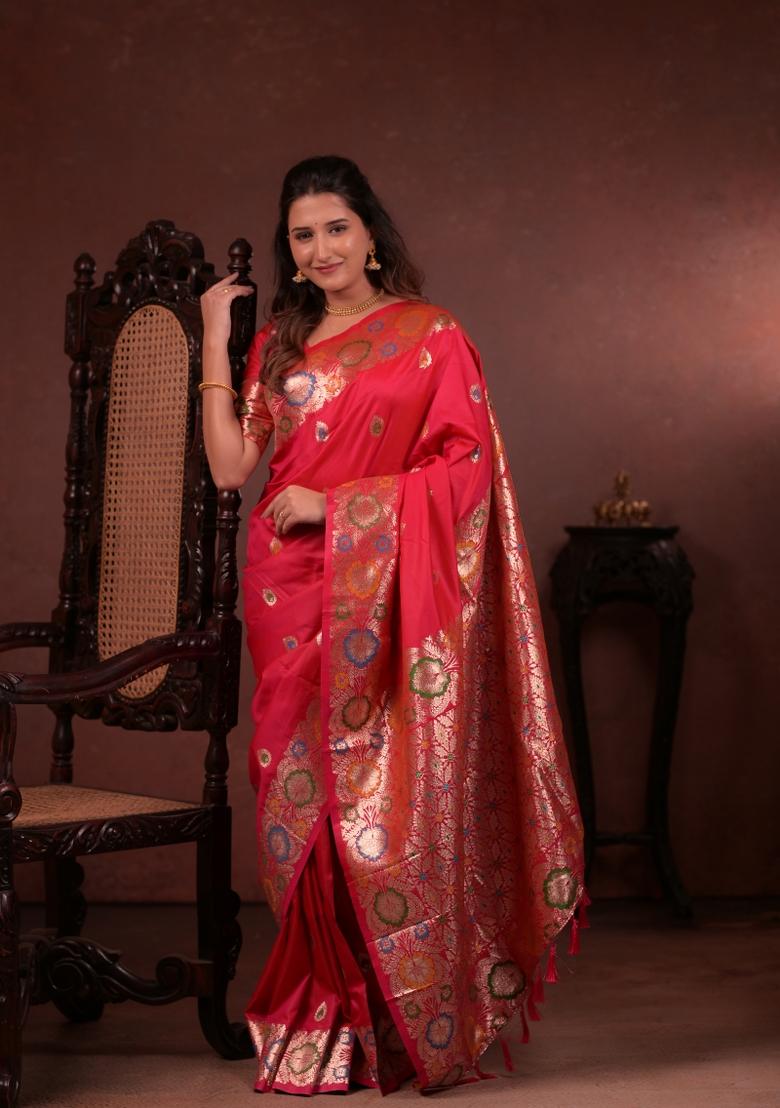Red Jacquard Silk Saree Set - Indya