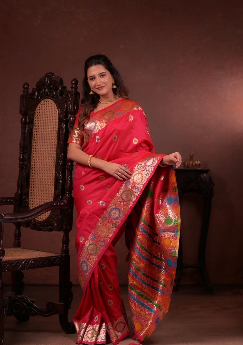 Red Jacquard Silk Saree Set - Indya