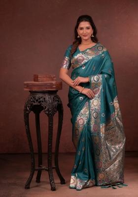 Teal Jacquard Silk Saree Set