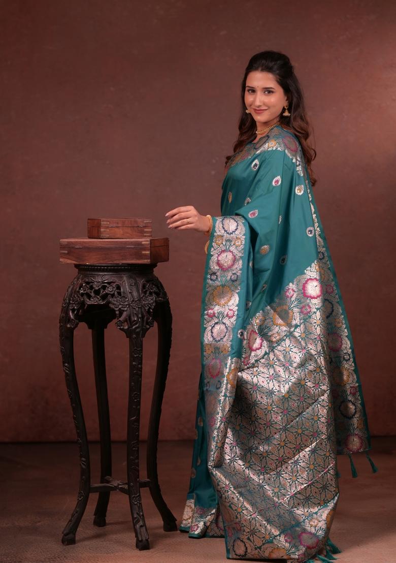 Teal Jacquard Silk Saree Set - Indya