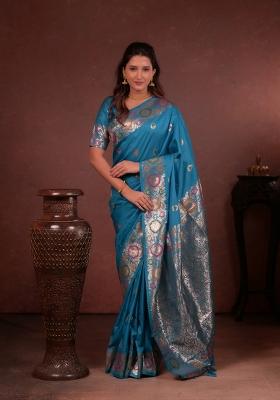 Turquoise Blue Jacquard Silk Saree Set