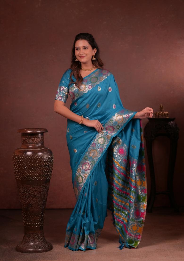 Turquoise Blue Jacquard Silk Saree Set - Indya