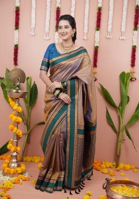 Beige Jacquard Silk Saree Set