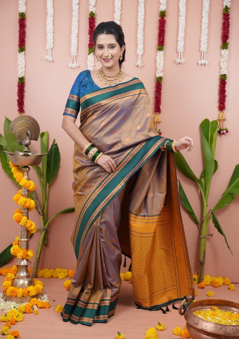 Beige Jacquard Silk Saree Set - Indya