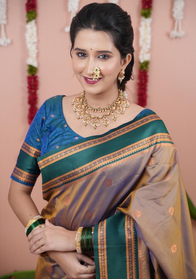 Beige Jacquard Silk Saree Set - Indya