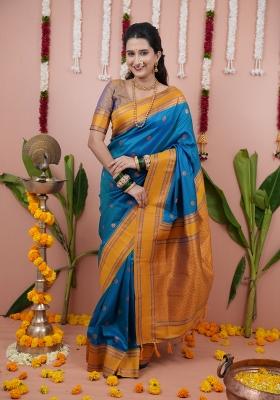 Blue Jacquard Silk Saree Set