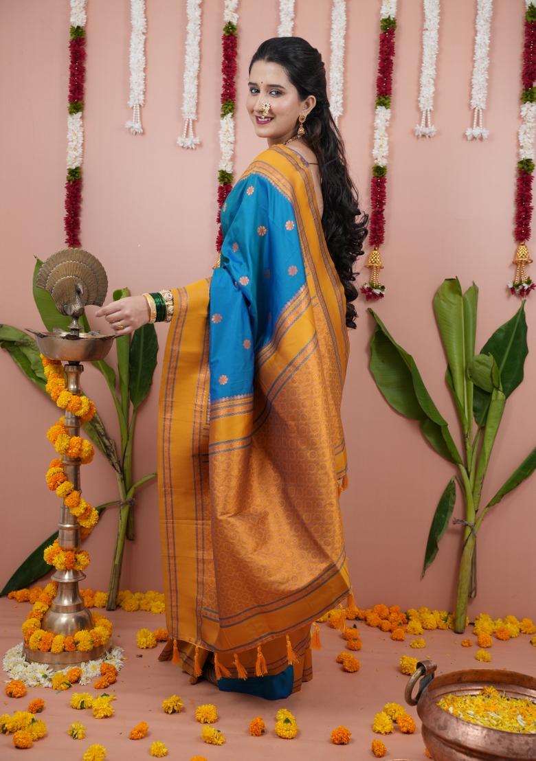 Blue Jacquard Silk Saree Set - Indya