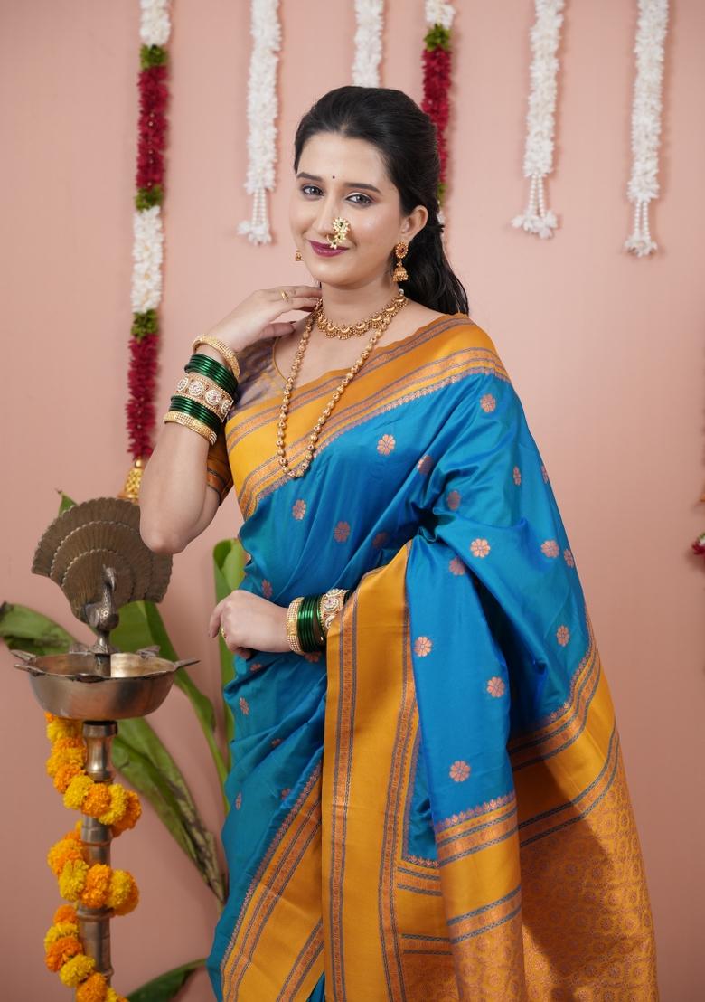 Blue Jacquard Silk Saree Set - Indya