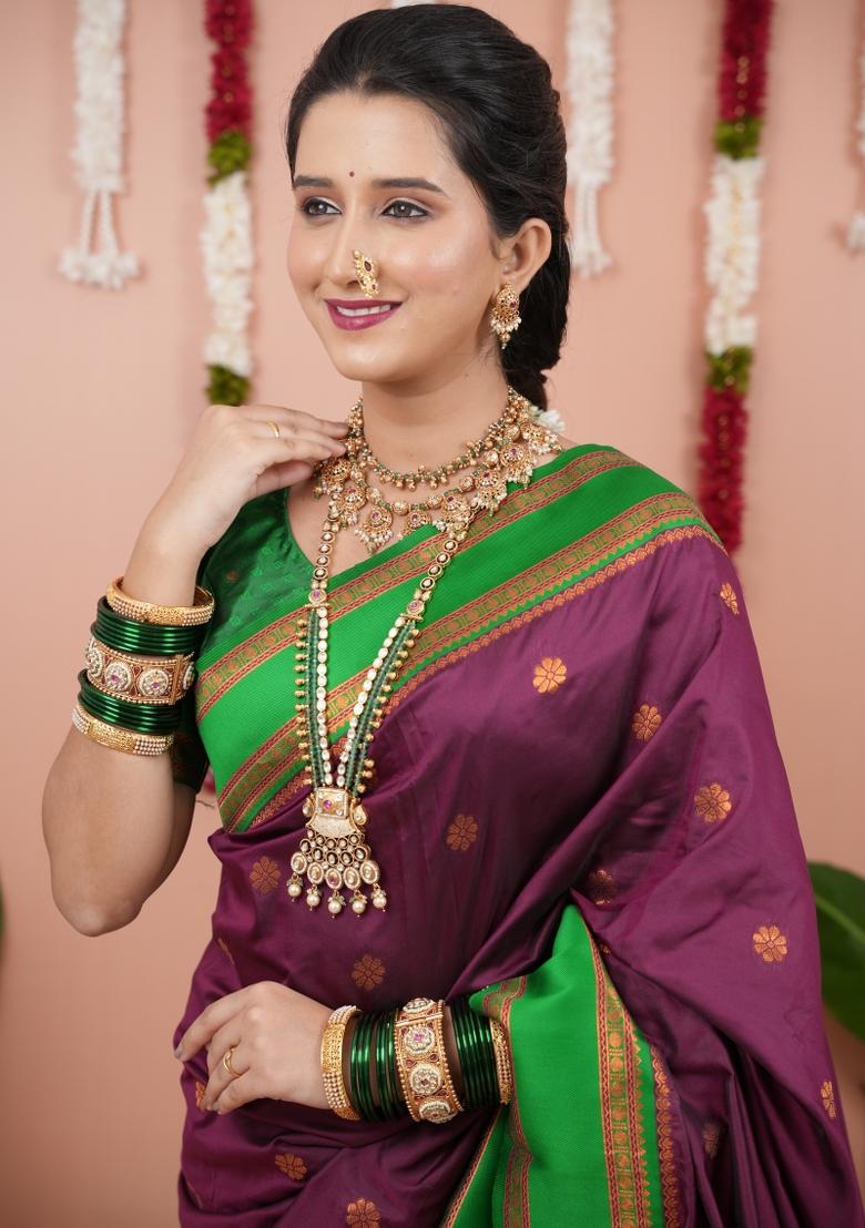 Wine Jacquard Silk Saree Set - Indya