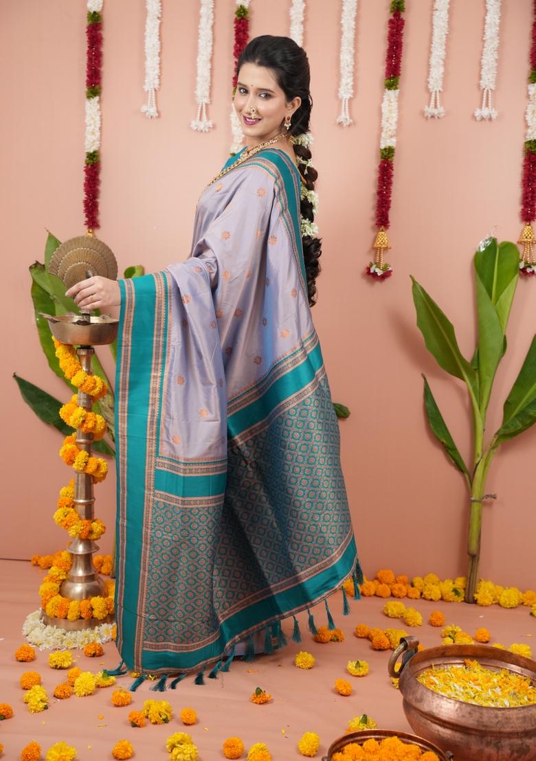 Grey Jacquard Silk Saree Set - Indya