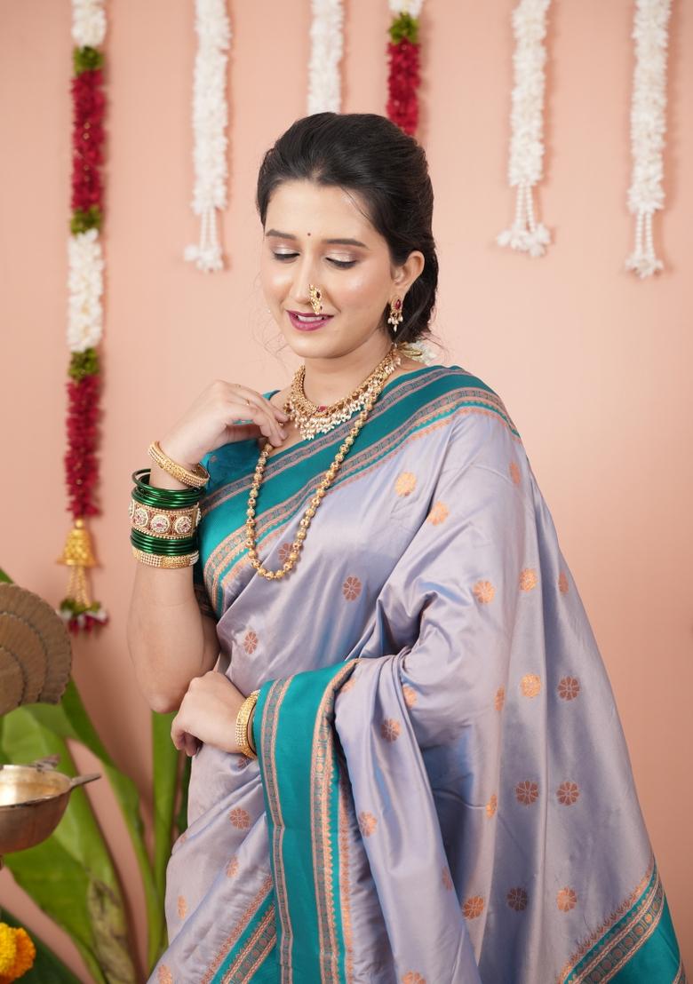 Grey Jacquard Silk Saree Set - Indya
