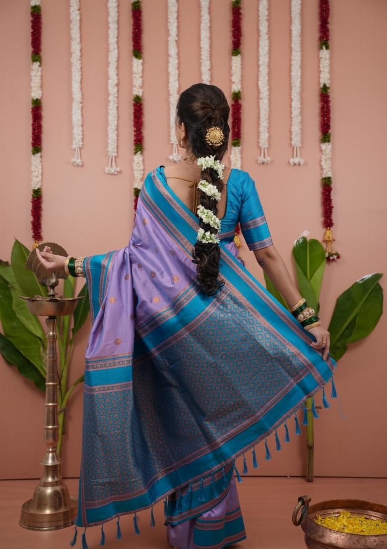 Lavender Jacquard Silk Saree Set - Indya
