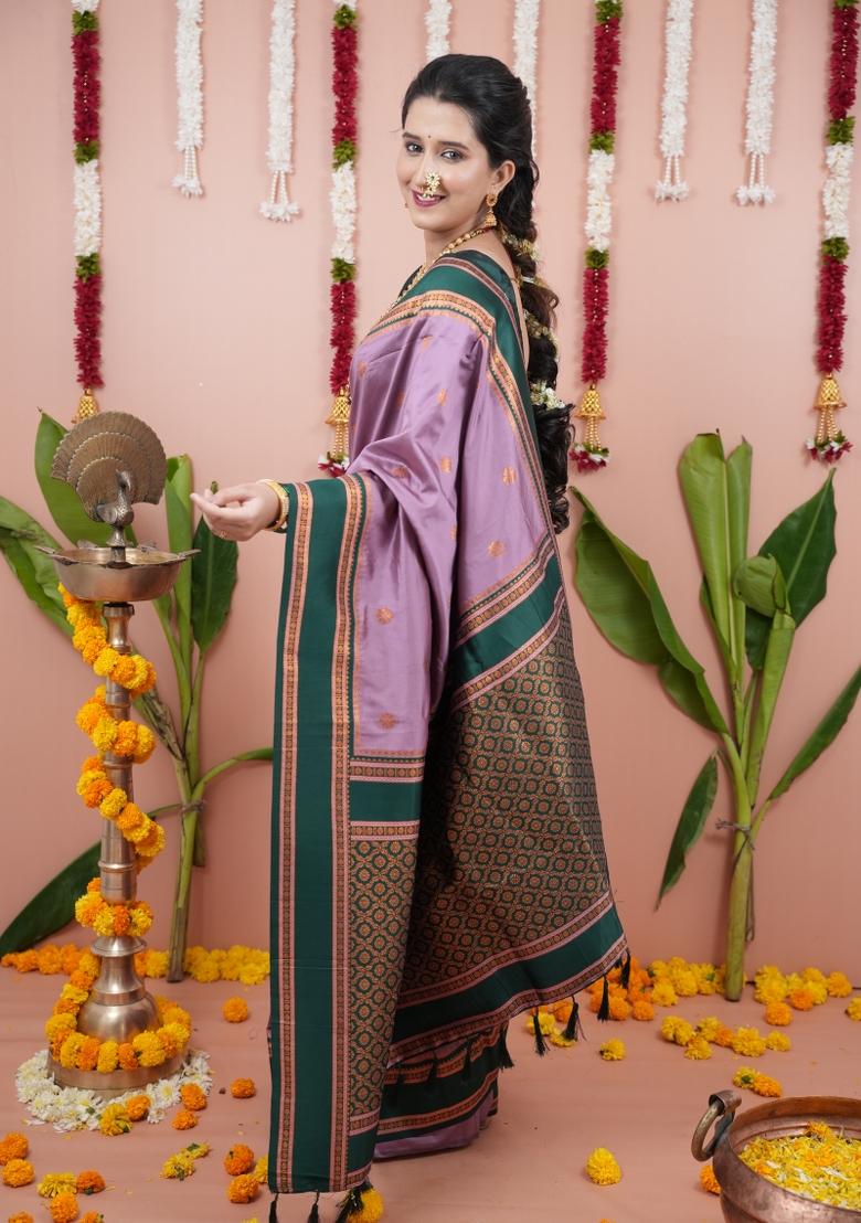 Lavender Jacquard Silk Saree Set - Indya