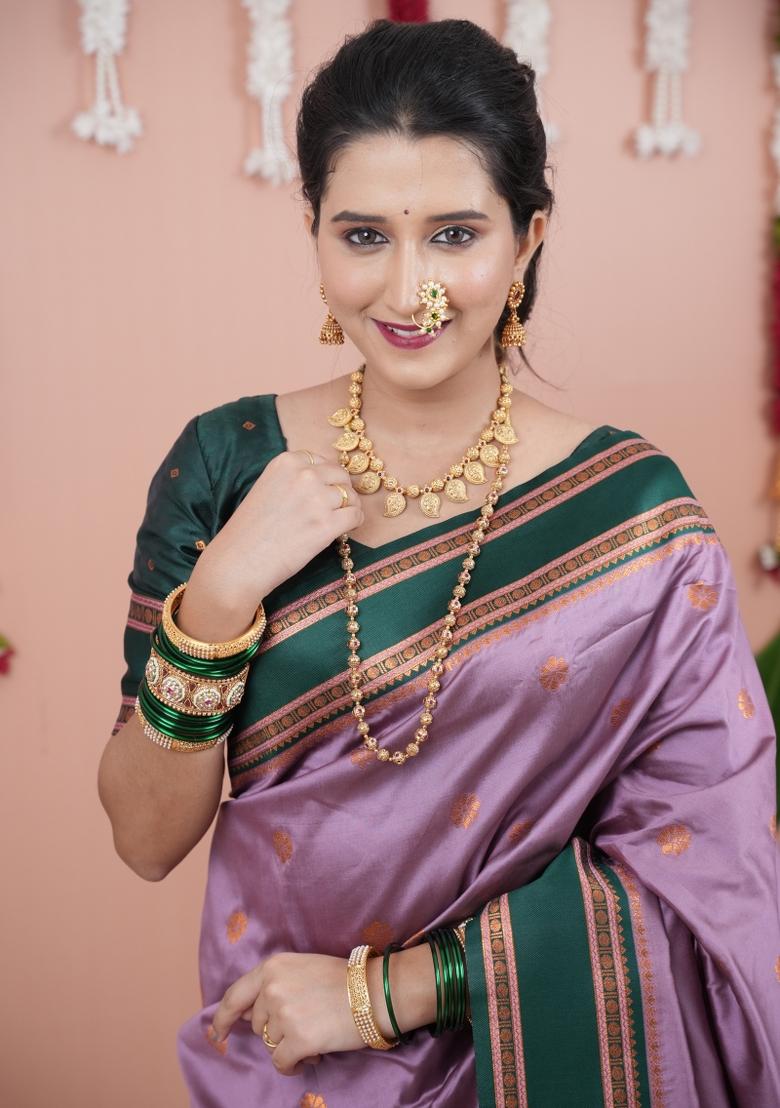 Lavender Jacquard Silk Saree Set - Indya