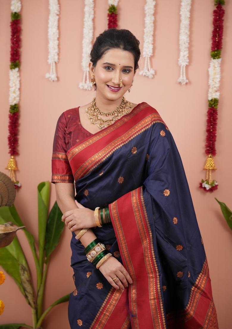 Nevy Blue Jacquard Silk Saree Set - Indya