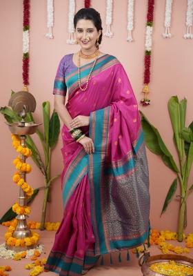 Pink Jacquard Silk Saree Set