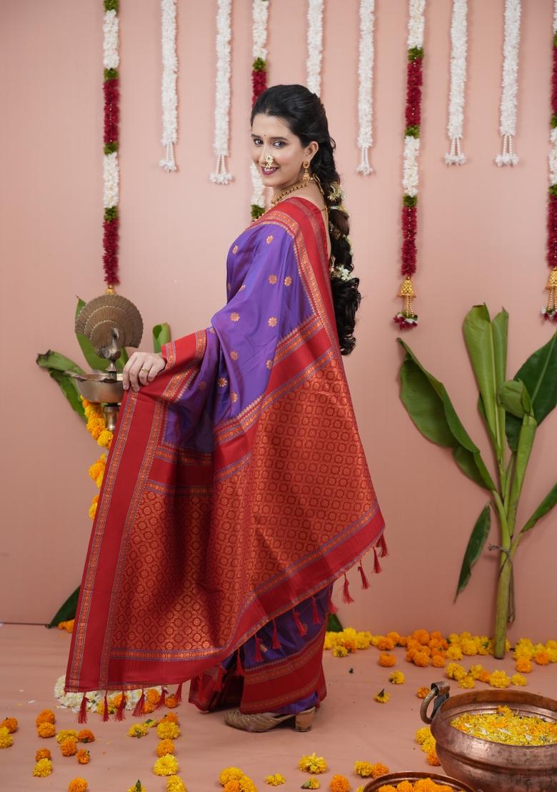 Purple Jacquard Silk Saree Set - Indya
