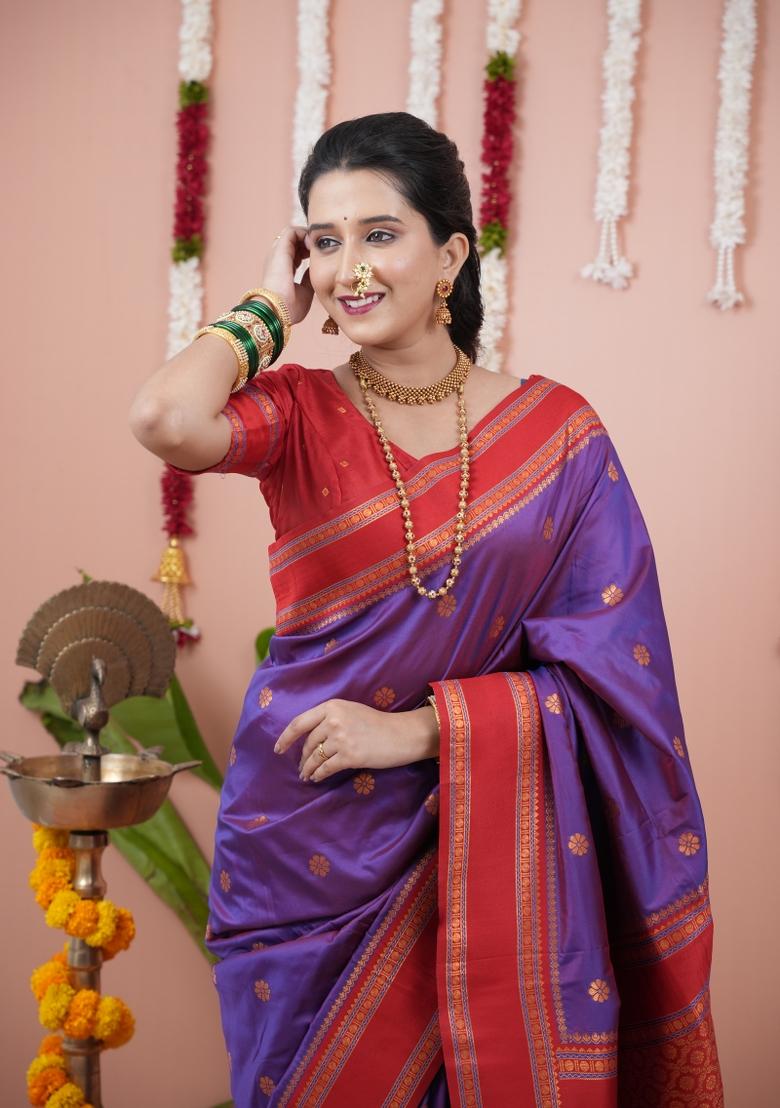 Purple Jacquard Silk Saree Set - Indya