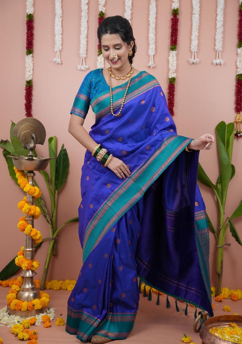Royal Blue Jacquard Silk Saree Set - Indya