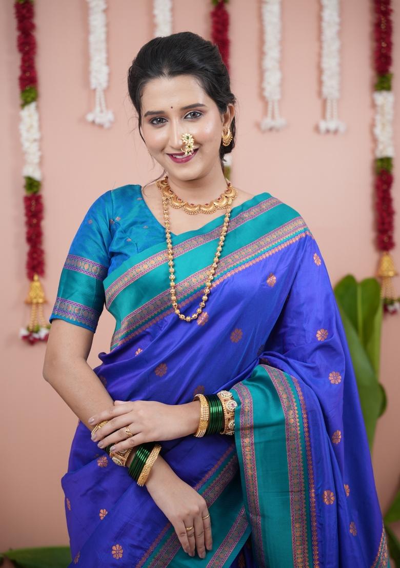 Royal Blue Jacquard Silk Saree Set - Indya