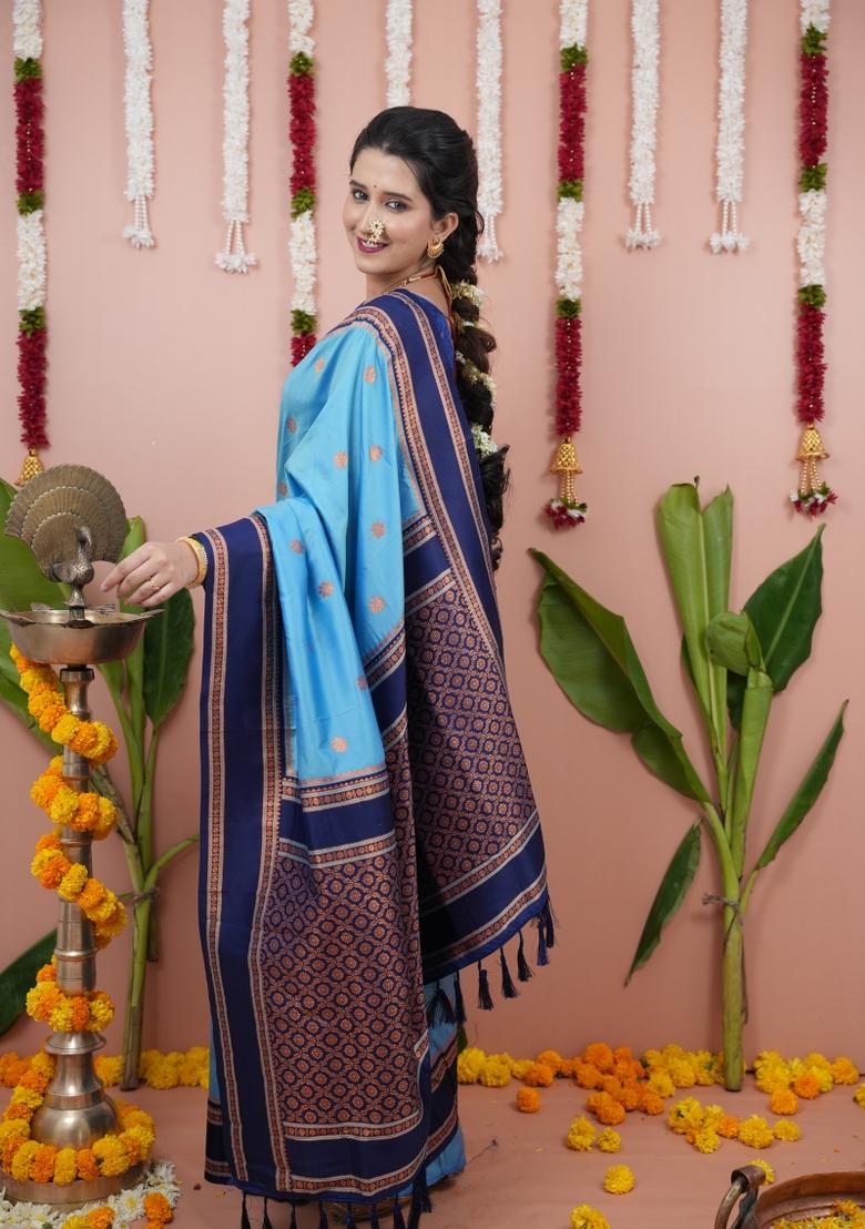 Sky Blue Jacquard Silk Saree Set - Indya