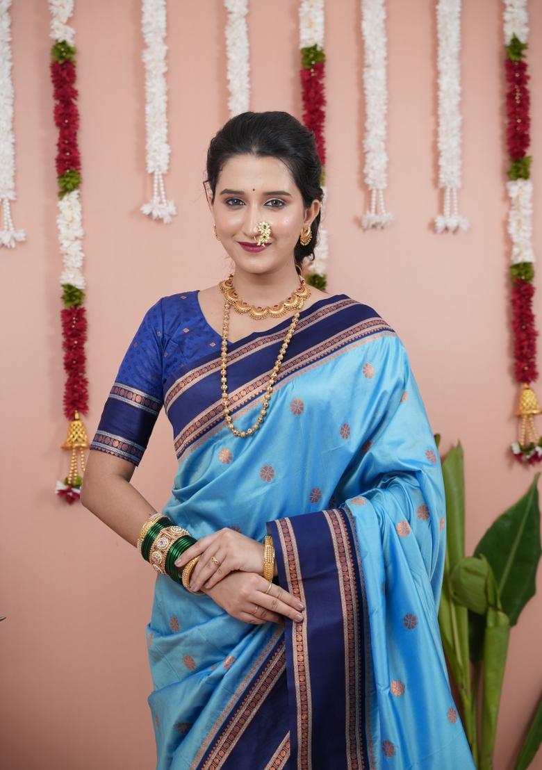 Sky Blue Jacquard Silk Saree Set - Indya