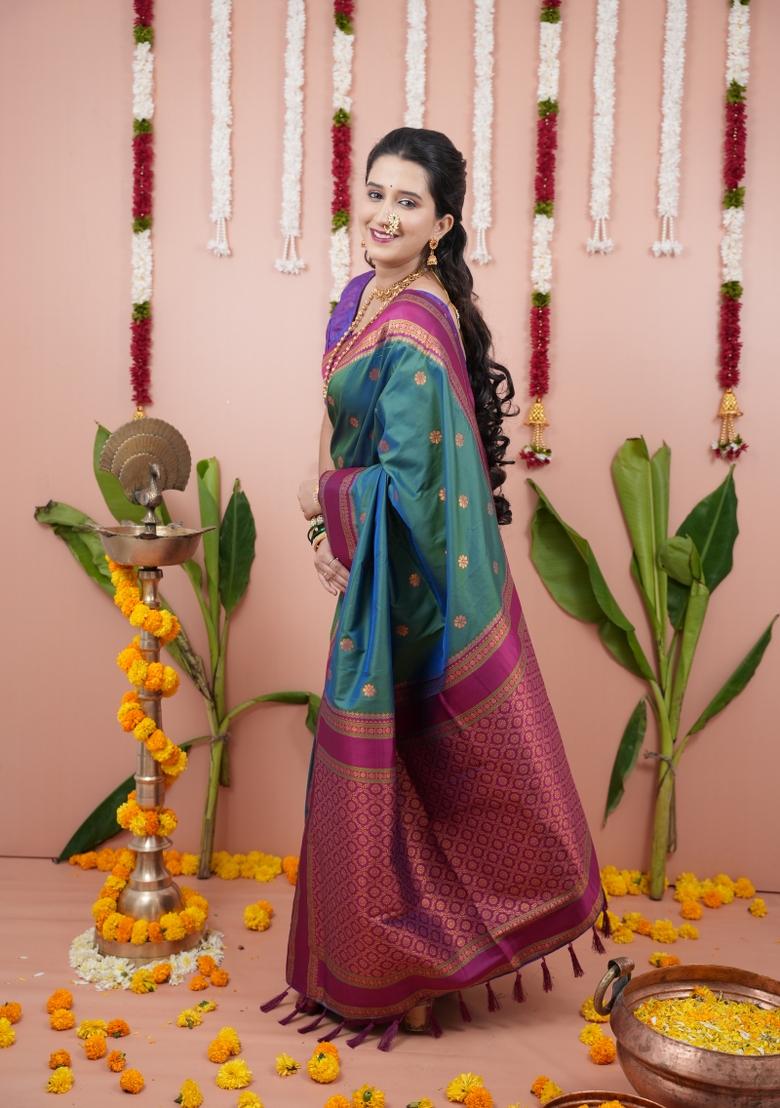 Teal Green Jacquard Silk Saree Set - Indya