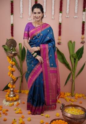 Teal Jacquard Silk Saree Set