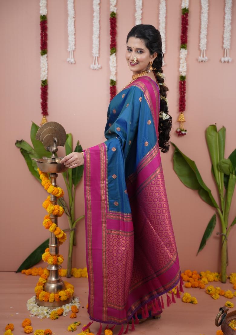 Teal Jacquard Silk Saree Set - Indya