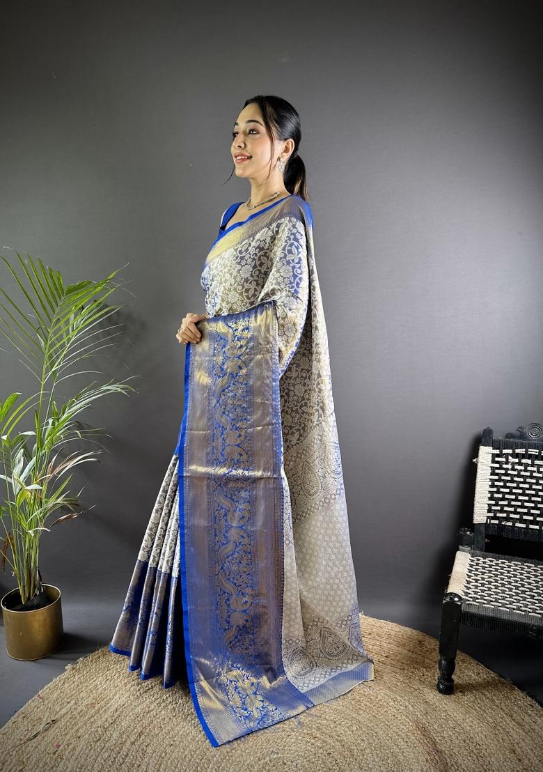 Blue Weaving Work Silk Saree Set - Indya